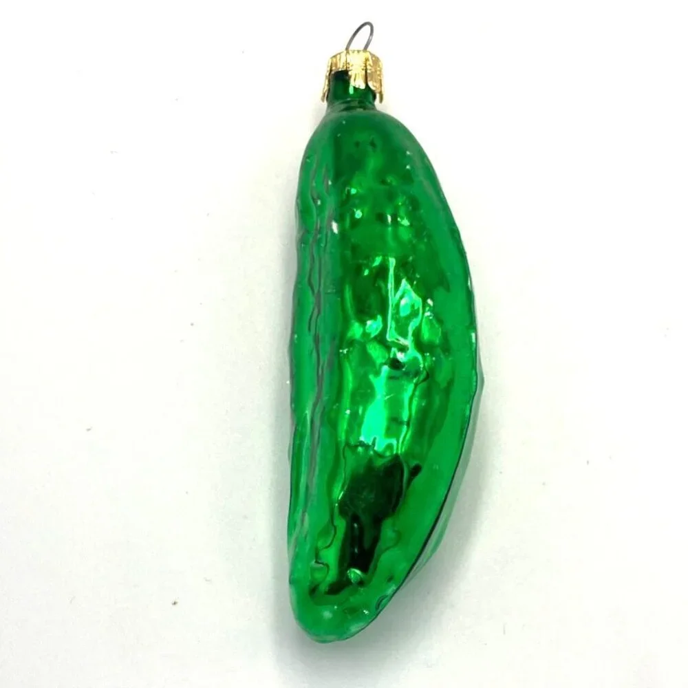 Vintage Glass Pickle Christmas Ornament‎ Green Metallic Czechoslovakia Good Luck